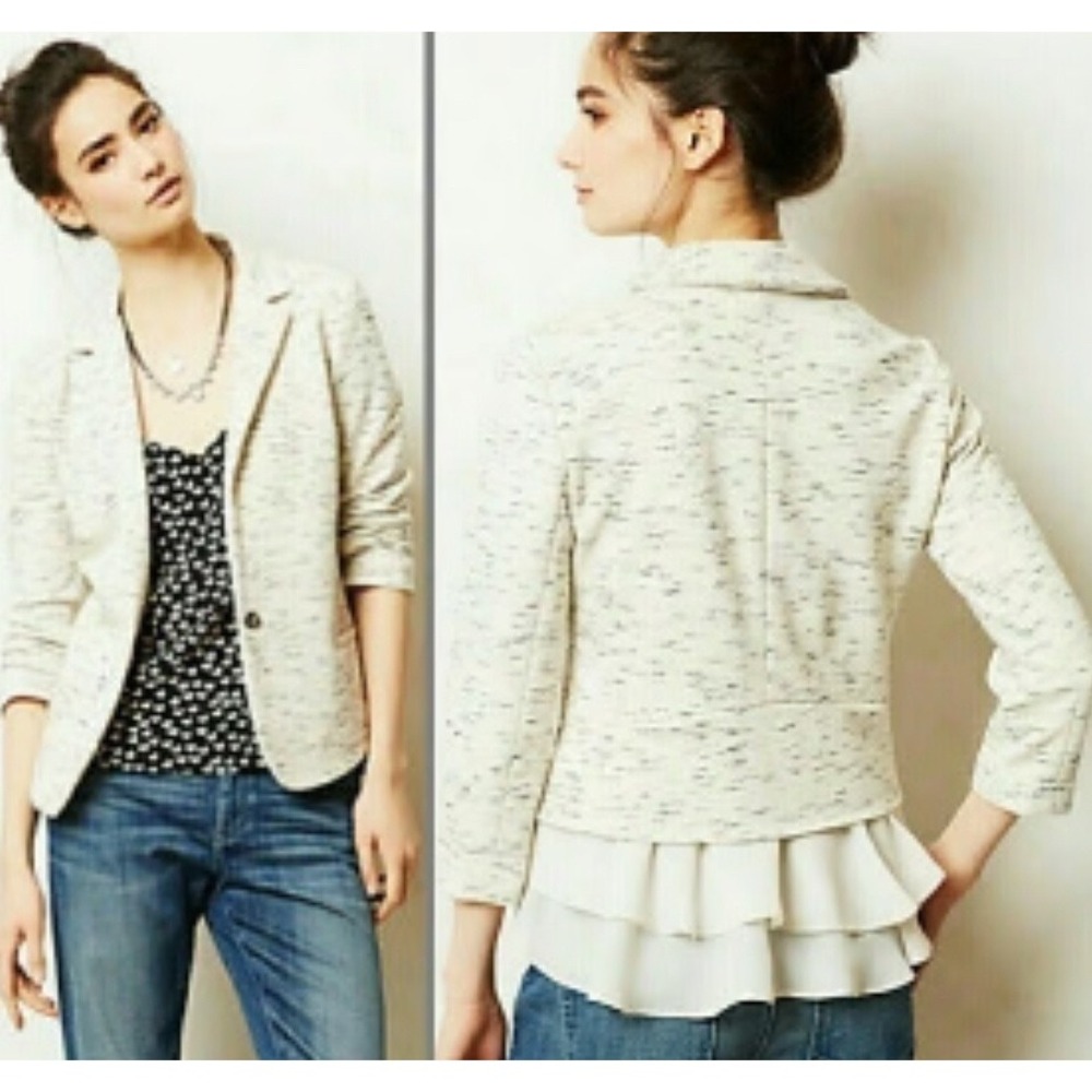 Cartonnier Anthropologie Space Dye Knit Ruffle Peplum Blazer Cream Black Small
